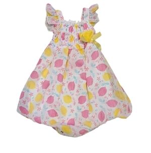Duck duck goose sheer, but lined, pink, yellow, teal Lemmon flower onsie/dress